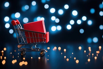 A vibrant shopping cart with a red box against a blurred, colorful background, perfect for retail and ecommerce themes.