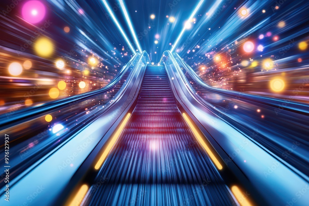 Aufkleber An illuminated escalator with vibrant lights and colorful bokeh effects, creating a dynamic atmosphere and visual excitement.
