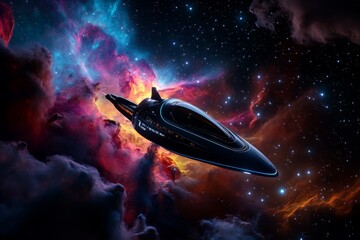 A spaceship exploring the edge of a nebula, with colorful gas clouds and stars all around