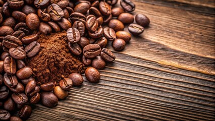 Close-up view of ground and whole coffee beans on a wooden surface