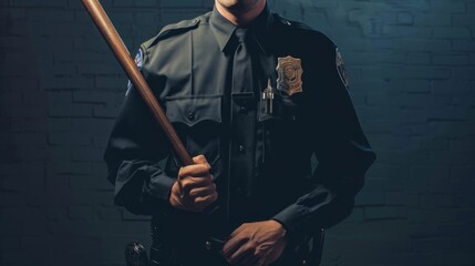 Police officer in uniformstanding firmly withdetermined expression,holding law enforcementbaton and badge,symbolizingauthoritative presence andenforcement action.