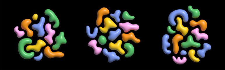 Obraz premium 3D fun cartoon plastic shapes set. Y2K freeform kid design elements. Vector 3d render of multicolor liquid doodle figures. Cool childish abstract background with colorful paint blots, amorphous blobs.