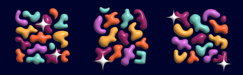 Obraz premium 3D fun cartoon plastic shapes set. Y2K freeform kid design elements. Vector 3d render of multicolor liquid doodle figures. Childish abstract background with colorful paint blots, amorphous blobs, star