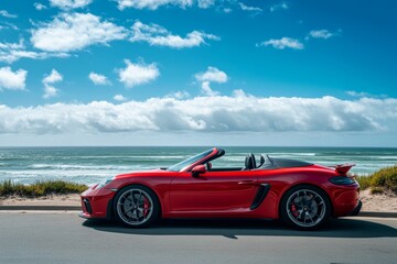 Vibrant red convertible sports car against a sunny beach and ocean backdrop with clear blue skies