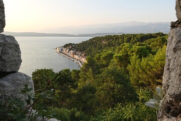 Scenic view of bay with coastal buldings of Novigrad town, northern Dalmatia, Croatia, summer late...