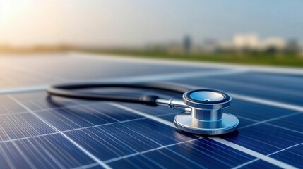 Stethoscope on Solar Panels Representing Renewable Energy and Healthcare