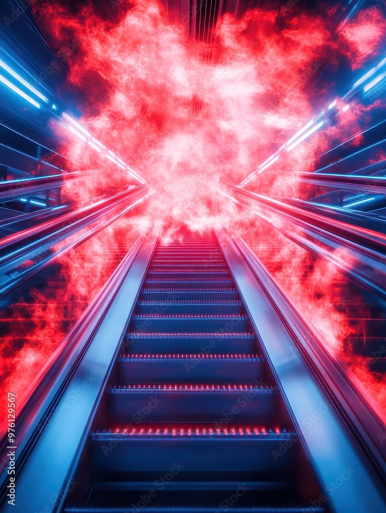 Poster futuristic stairway illuminated by neon lights, creating a surreal atmosphere with vibrant red smoke