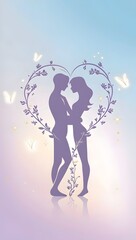 A captivating vector art of a couple in love set against a vibrant purple background. The couple is surrounded by an intricate floral pattern, symbolizing romance and affection. The design combines el