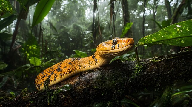 53. A dense, tropical jungle with a camouflaged golden lancehead snake coiled on a low branch