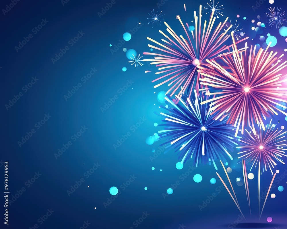 Poster vibrant fireworks burst in colorful patterns against a dark blue background, creating a festive and 