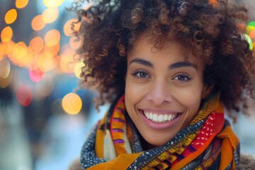 Joyful Woman with Vitiligo Smiling Brightly, Wearing Colorful Scarf - Diversity and Happiness in Focus