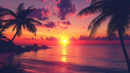Silhouettes of palm trees against a vibrant tropical sunset over the ocean.