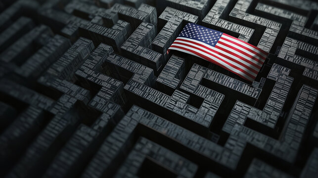 A 3D maze with an American flag placed in the center, symbolizing the complexity of navigating political, economic, or social challenges within the United States. - Powered by Adobe