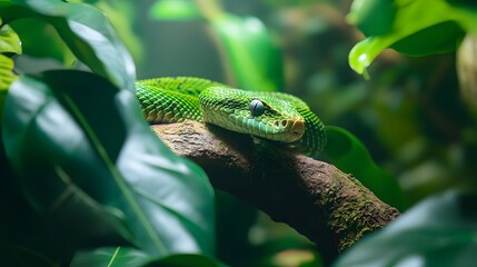 Fototapeta premium 61. The dense foliage of a tropical rainforest with a venomous green tree viper resting on a branch