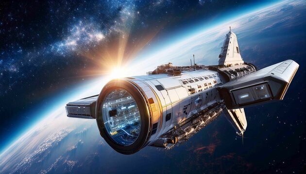 Space exploration mission, featuring a sleek spacecraft navigating through a starry galaxy with futuristic technology and equipment 