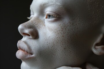 Detailed Close-Up of Albino Man with Pale Skin and Light Eyes Against Dark Background for Artistic Effect