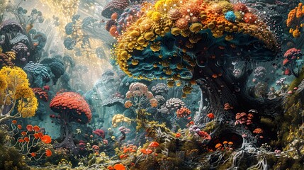 Enchanted Forest: A Dreamlike Landscape of Glowing Trees and Mushrooms