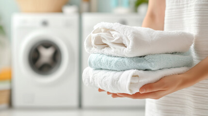 Fototapeta premium A person holding a stack of freshly folded towels in a laundry room, symbolizing cleanliness, order, and household chores.