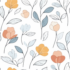 Simple line art vector seamless pattern of flowers and leaves