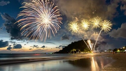 Fireworks show illuminates the night sky over a tropical beach, reflecting on the calm waters as the sun sets. 