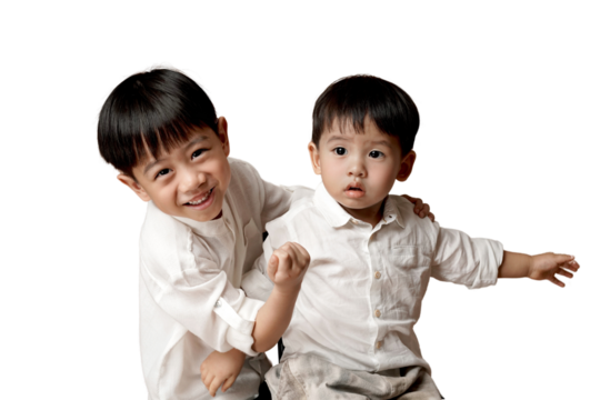 Happy young siblings posing together, showcasing brotherly love and joy, perfect for family-themed stock photos. transparent PNG white background.