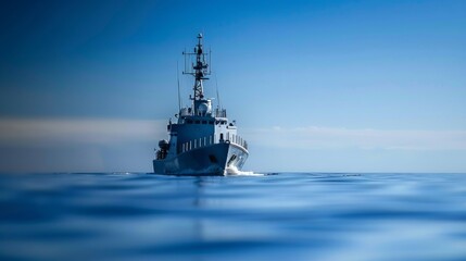 Naval ship cruising throughserene blue ocean underclear sky, showcasingmaritime strength andtranquility, central focus withslight background blur.