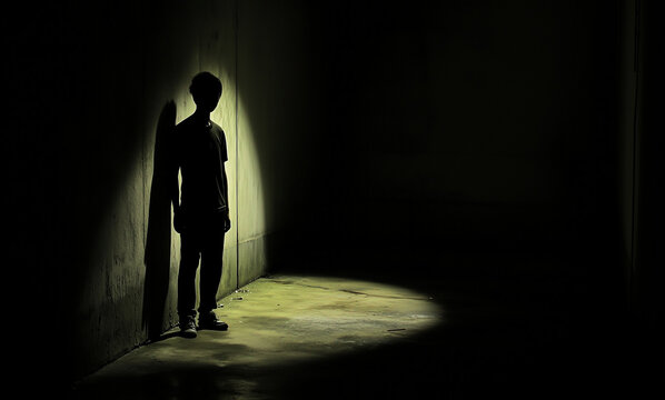 A haunting image of a man&rsquo;s silhouette alone in the dark, evoking deep feelings of fear, loneliness, emotional discomfort, and vulnerability in an eerie atmosphere.