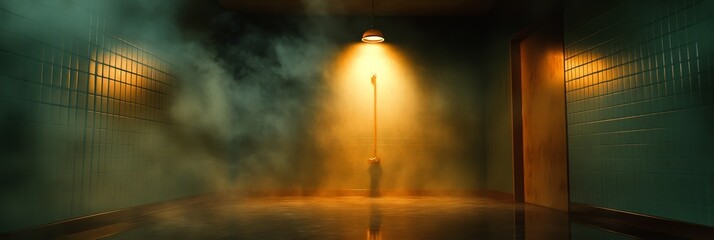 A single light illuminates a room filled with steam, casting long shadows and creating a mysterious and atmospheric scene. The steamy atmosphere evokes feelings of mystery and intrigue