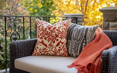 A cozy fall outdoor space with warm throw pillows and blankets on your patio