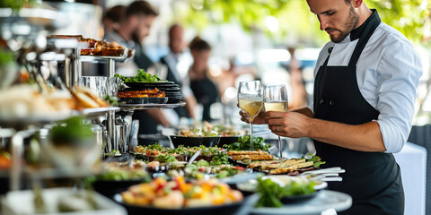 Obraz premium A waiter in a special work uniform performs his duties at a wedding buffet.