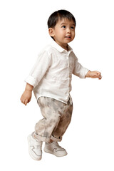 Cute Asian little boy in white shirt and patterned pants looking up, standing on white background, isolated image of a child. transparent PNG white background.