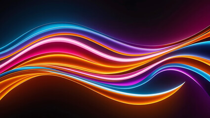 Neon Waves Background, A vibrant digital abstract artwork featuring smooth, flowing neon waves of purple, blue, orange, and pink against a dark backdrop, creating a futuristic and dynamic aesthetic.