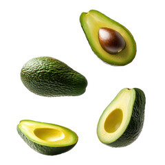 Set of whole Avocado, half and slice falling in the air isolated on transparency background
