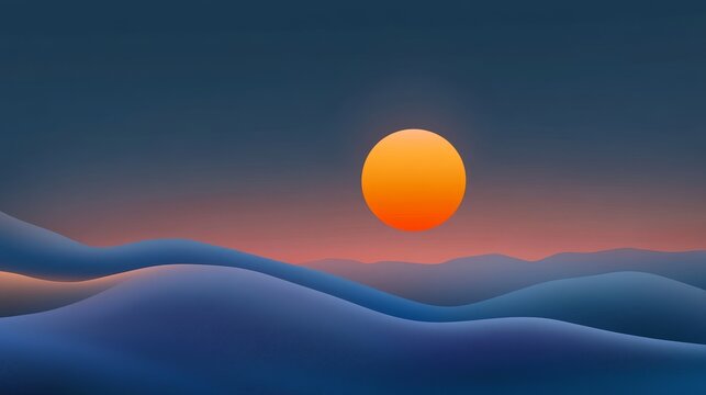 A vibrant illustration of a sunset over rolling hills, symbolizing tranquility, peace, hope, nature, and new beginnings.