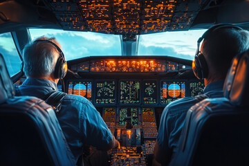 Fototapeta premium View from the cockpit of a commercial airliner cutting through the vastness of the sky and clouds.