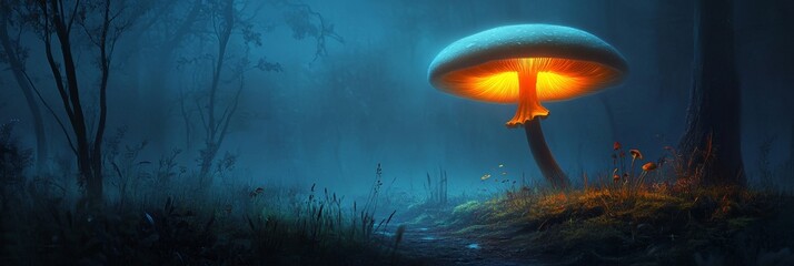 A winding mossy path disappears into a misty forest, illuminated by a giant glowing mushroom. The path, mist, trees, mushroom, and glow symbolize mystery, adventure, nature, magic, and wonder.