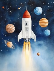 Naklejka premium A watercolor painting of a rocket launching into a galaxy filled with planets, symbolizing space exploration, adventure, dreams, imagination, and the unknown.