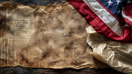 An aged document alongside a folded American flag, symbolizing history and patriotism.