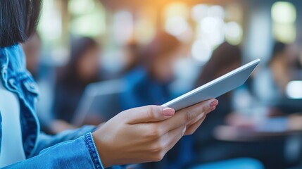A teacher using a tablet to take attendance and manage classroom activities, part of an integrated education technology system.