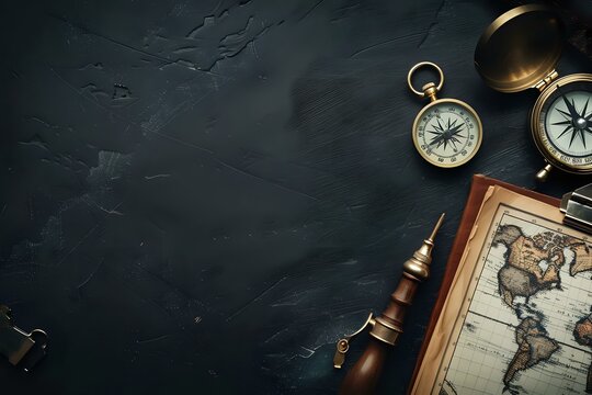 An arrangement of navigational tools and a vintage map on a textured surface.