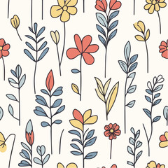 Simple line art vector seamless pattern of flowers and leaves