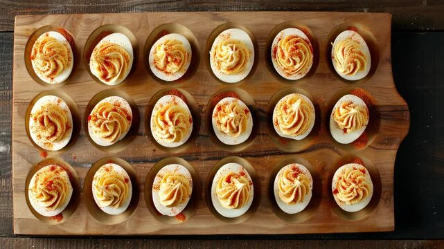 Deliciously crafted deviled eggs arranged beautifully on a wooden platter for a perfect gathering or brunch experience