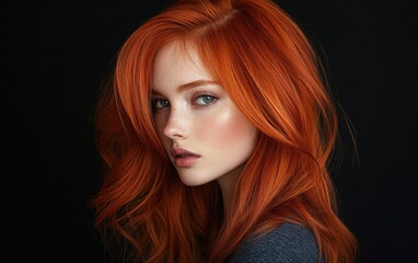 A woman with vibrant red hair poses against a dark background, showcasing her striking features and captivating expression