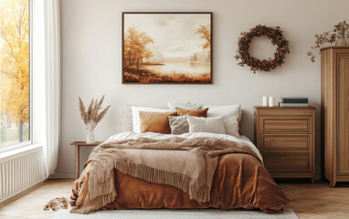 Cozy fall bedroom featuring autumn artwork, warm colors, and natural decor for a seasonal touch