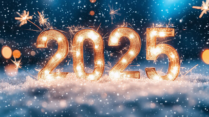 glowing number 2025 in sky, surrounded by a snow and sparklers