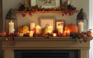 Cozy fall mantel decor featuring pumpkins, candles, and vibrant garlands for a warm autumn atmosphere