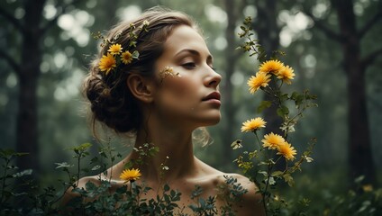 Mother Nature as a double exposure of a woman with trees and flowers.