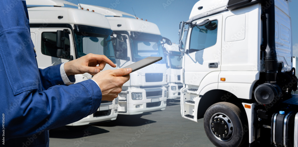 Poster fleet manager with digital tablet on a background of trucks