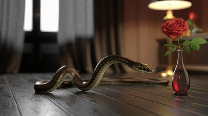 3D rendering of a dark room with slithering snakes. wedding bouquet on the table