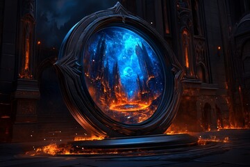 Magical Mirror of Realms illustrated in a mystical setting, featuring an ancient mirror that reflects different magical worlds when gazed upon